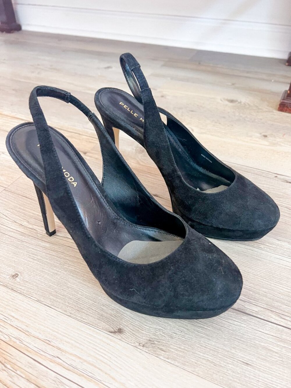 Pelle Moda Black Suede Platform Stiletto Slingback Heels Size 8